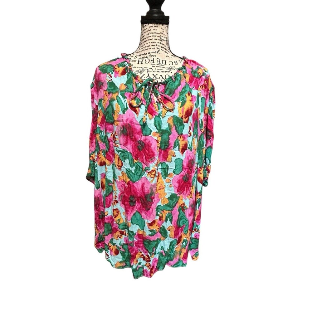 Terra & Sky women 2x(20w-22w)  tropical print short sleeve peasant top Whimsical